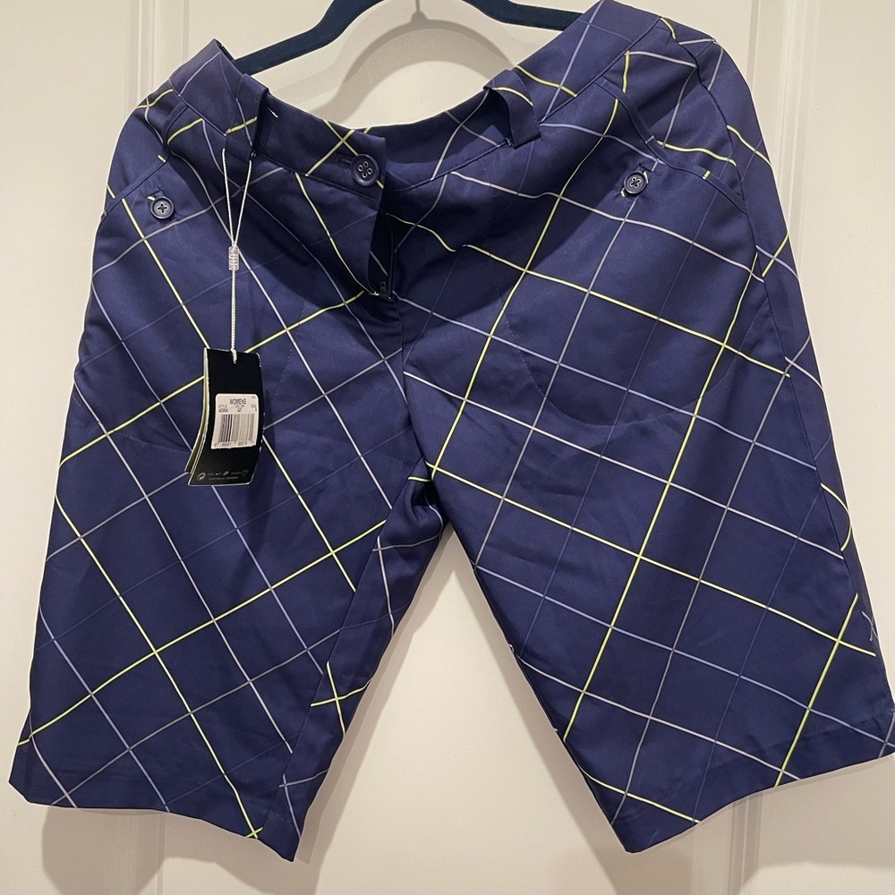 Nike golf Navy and Lime Checkered Men's Athletic Shorts - Picture 2 of 7